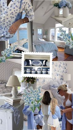 a collage of photos with blue and white flowers in the center, an image of a woman standing next to a bed