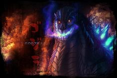 an animal with glowing eyes in front of a fire and flames background that reads dragon