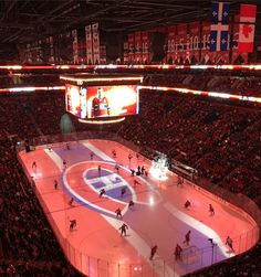 an ice hockey stadium with fans watching the game