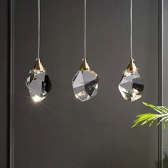 three hanging crystal ornaments in front of a plant