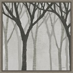 a painting of trees with no leaves on them in the foggy forest, framed in grey and white