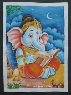 an elephant is reading a book in front of the moon and stars on the sky