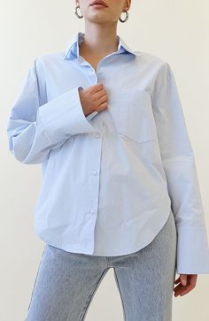 Classic Washed Blue Button-up Top, Washed Blue Button-up Top For Streetwear, Blue Button-up Shirt With Placket, Blue Button-up Top With Patch Pockets, Oversized Light Blue Button-up Top, Care Label, Ex Boyfriend, High Low Hem, Powder Blue