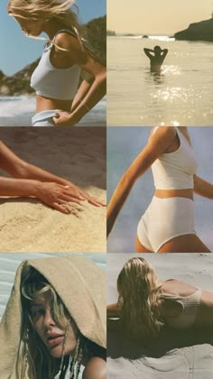 four different pictures of women in bathing suits and bikinis on the beach, with one woman wearing a white swimsuit