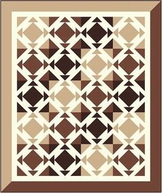 a brown and white quilt with an abstract design in the center, on a beige background