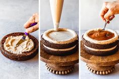 the process of making cake with frosting being spread on it and then topped with icing