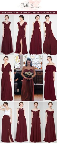 the bridesmaid dresses in burgundy and white are all different styles, but one color is