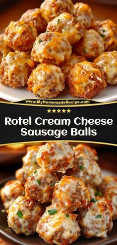 two plates filled with cheese balls on top of each other and the words roti cream cheese sausage balls above them