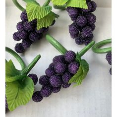 purple berries with green leaves on white surface