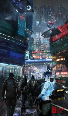 a group of people walking down a street in front of tall buildings and neon lights