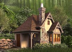 a small house in the middle of a lush green forest