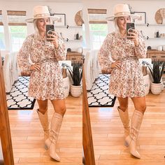 Paired with our best selling cowboy 👢 Country Dresses With Boots, Dresses With Boots, Shelf Wardrobe, Church Clothes, Glam Outfit, Floral Print Pants, Country Dresses, Boho Dresses, Country Charm