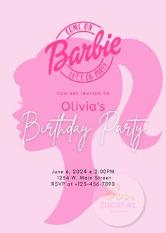 a pink birthday party flyer with a silhouette of a woman's head and the words barbie