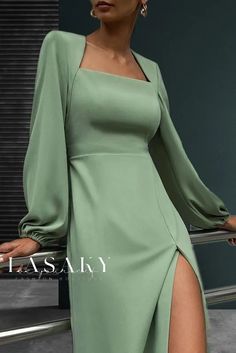 Lasaky - Classic V-Neck Wrap Dress for Women with Long Sleeves and Solid Color Split Dress Thigh, Side Split Dress, Fitted Bodycon Dress, Long Green Dress, Women Long Sleeve Dress, Dope Outfits, Classy Dress, Split Hem, Collar Dress