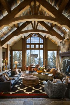 a living room filled with furniture and a fire place in the middle of a room