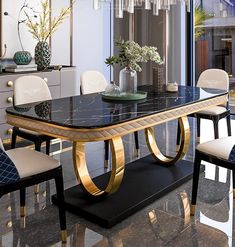 a dining room table with chairs around it