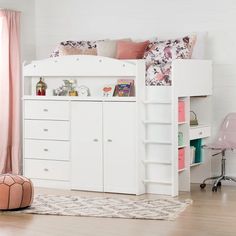 a white bunk bed sitting next to a pink chair in a room with wooden floors