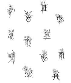 the letters and numbers are drawn in black ink on a white background, with flowers