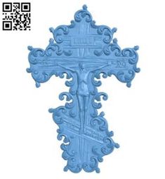 a blue plastic cross with an ornate design on the front and back side, sitting against a white background