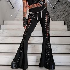 Gothic Lace Up Cut Out Flare Pants - Vedlit 80s Grunge Outfits Punk Rock, Scarlet Darkness, Gothic Pants, Classic Punk, Gothic Costume, Grunge Clothing, Grunge Streetwear, Flared Trousers, Tie Design