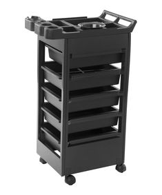 a black cart with many trays on it