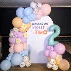 balloons and streamers decorate the entrance to a two year old birthday party