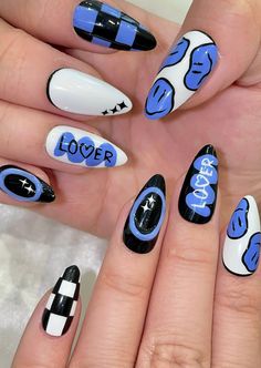 the beatist nail types Cute Nail Art Acrylic, Short Nail Art Acrylic, Nail Inspo That Goes With Everything, Nail Ideas For 9-10, Black Nails With Blue Design, Easy Festival Nails, Black And Blue Halloween Nails, Fortnite Nails Designs, Blue And Black Nails Designs Simple