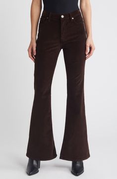 "Find FRAME Le Easy Flare Corduroy Flare Jeans on Editorialist. Stretchy corduroy in a chocolate-brown hue brings an indulgent look and feel to these full-length flare jeans. 31\" inseam; 22\" leg opening; 11\" front rise; 14 1/2\" back rise (size 29) Zip fly with button closure Five-pocket style 71% cotton, 22% rayon, 6% elasterell-p, 1% elastane Machine wash, dry flat Made in Turkey" Corduroy Jeans, Fabric Gifts, Free Fabric, Chocolate Brown, Bottoms Pants, Flare Jeans, Jeans Pants, Espresso, Womens Bottoms