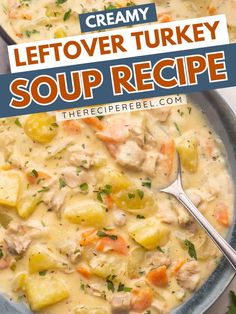 Here's a cozy winter dinner if you're wondering what to do with turkey leftovers! The whole family will love this Creamy Leftover Turkey Soup. Loaded with vegetables, this winter soup is healthy and flavorful! Save this winter comfort food idea!