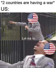 a man in a suit and tie with the american flag on his head pointing at something