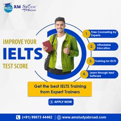 an advertisement for the ielts training program, with a smiling man holding a book