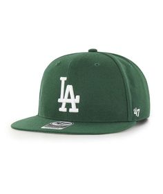 a baseball cap with the los angeles dodgers logo on it, in green and white