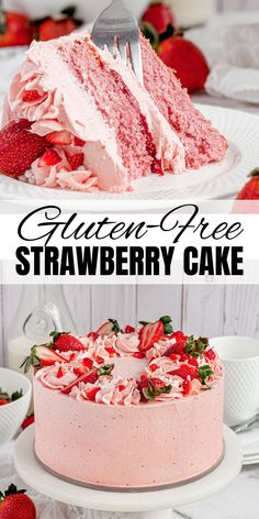 strawberry cake with white frosting and fresh strawberries on top is cut into slices