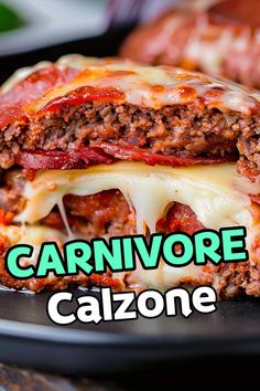 a close up of a sandwich on a plate with the words carnivore cazonene