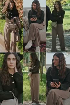 the collage shows several different images of women in brown pants and black sweaters