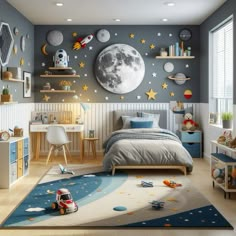 a child's bedroom decorated in blue and white with space themed wallpapers