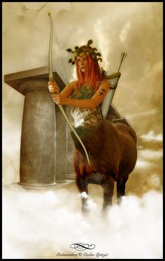 a woman with red hair riding on the back of a horse holding a bow and arrow