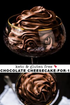 chocolate cheesecake in a glass bowl with the words keto and gluten free