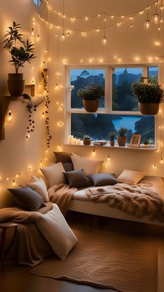 The combination of lights, decorations, and the wooden furniture creates an inviting atmosphere filled with warmth and holiday cheer. Lid Lights Room, Nighttime Aesthetic Bedroom, Twinkle Lights Ideas, Snug Corner, Cozy Kitchen Ideas, Garage Door Ideas, Nighttime Aesthetic, Loft Aesthetic