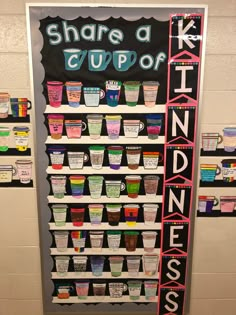 a sign with cups on it that says share a cuppaf and stand up for kindness