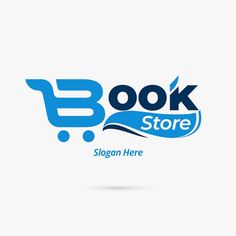 the book store logo is blue and has a shopping cart on it's side