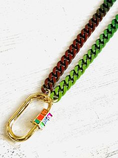 16.5 " with a 3.5" magnetic extender Lead and nickel free 18k triple gold plated and silver plated.LS-A3165 Carabiner Necklace, Green Enamel, Silver Plated, Gold Plate, Plating, Green, Silver, Gold, Clothes