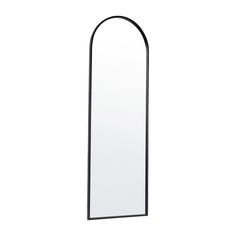 an arched mirror is shown against a white background with black trimmings and a metal frame