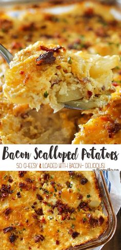 bacon, scalloped potatoes casserole in a glass dish with a spoon