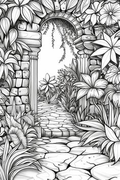 a black and white drawing of an arch in the woods with flowers on either side