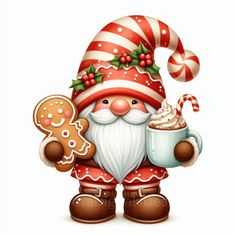 a santa clause holding a cup of coffee and a gingerbread