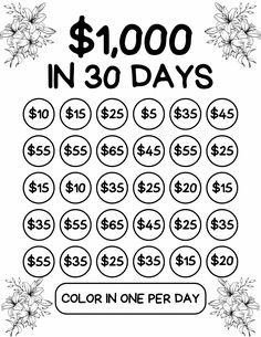 the $ 1, 000 in 30 days coloring book is shown with flowers on it