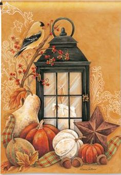 a painting of a lantern, pumpkins and other fall items with a bird perched on it