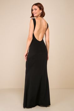 The Lulus Inspiring Glamour Black Backless Column Maxi Dress is a compliment-worthy look that'll effortlessly impress everyone you meet! This figure-flaunting gown has a slinky jersey knit construction that shapes a subtle cowl neckline, slender tank straps, and a sleeveless bodice with an alluring open-back design. The flattering column silhouette continues down to a sweeping maxi hem for the most elegant finish. Fit: This garment fits true to size. Length: Floor length. Size medium measures 52 Black Formal Dress Lulus, Backless Drape Dress, Backless Long Black Dress, Elegant Open Back Dress, Back Of The Dress Ideas, Backless Mini Dress Classy, Backless Turtleneck Dress, Prom Open Back Dresses, Black Full Length Dress