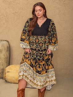 Features: Basic style Sheer: Opaque Stretch: No stretch Body: Not lined Material composition: 95% viscose, 5% polyester Care instructions: Machine wash cold. Tumble dry low. Imported Size US Length Shoulder Sleeve Length Waist Bust 0XL 14W 51.6 16.5 24 44.9 0 1XL 16W 52.4 17.1 24.6 47.2 0 2XL 18W 53.1 17.7 25.2 49.6 0 3XL 20W 53.9 18.3 25.8 52 0 Curvy Boho, Suits Korean, Plus Size Bohemian, 50th Clothing, Plus Size Floral, Black Floral Print, Vestido Casual, Midi Dress With Sleeves, Sleeve Midi Dress